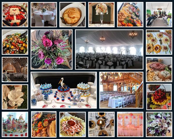 A collage of elegant event decorations, food displays, and floral arrangements.