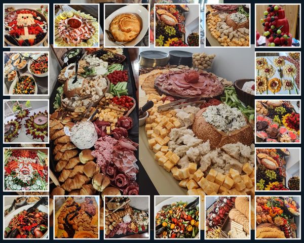 A festive and colorful spread of appetizers and snacks artfully arranged on a table.