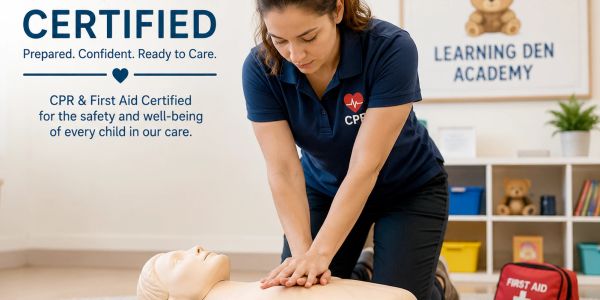 Woman practicing CPR on a mannequin, emphasizing child safety certification.
