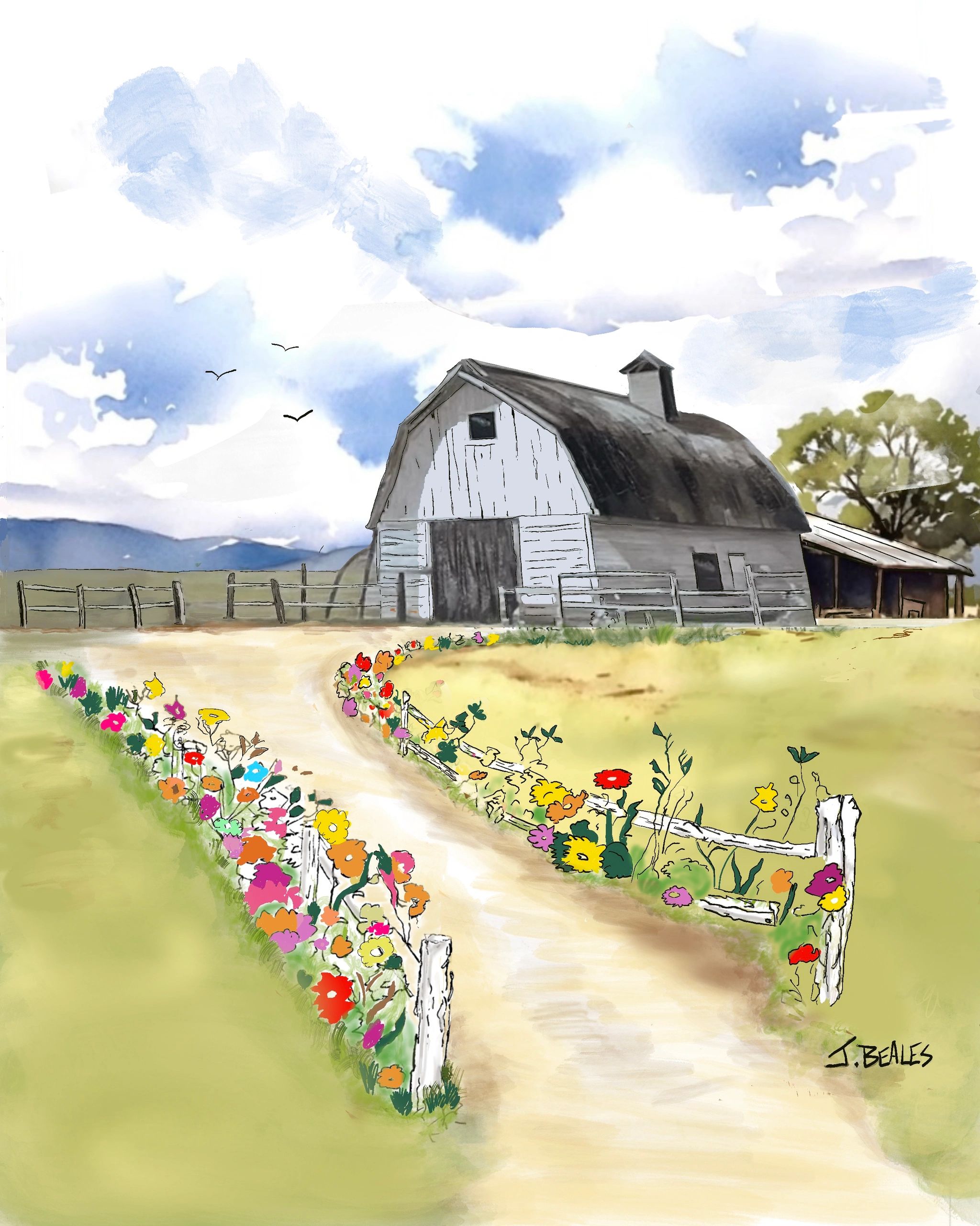 Rustic barn with colorful flowers lining a country path under a blue sky.