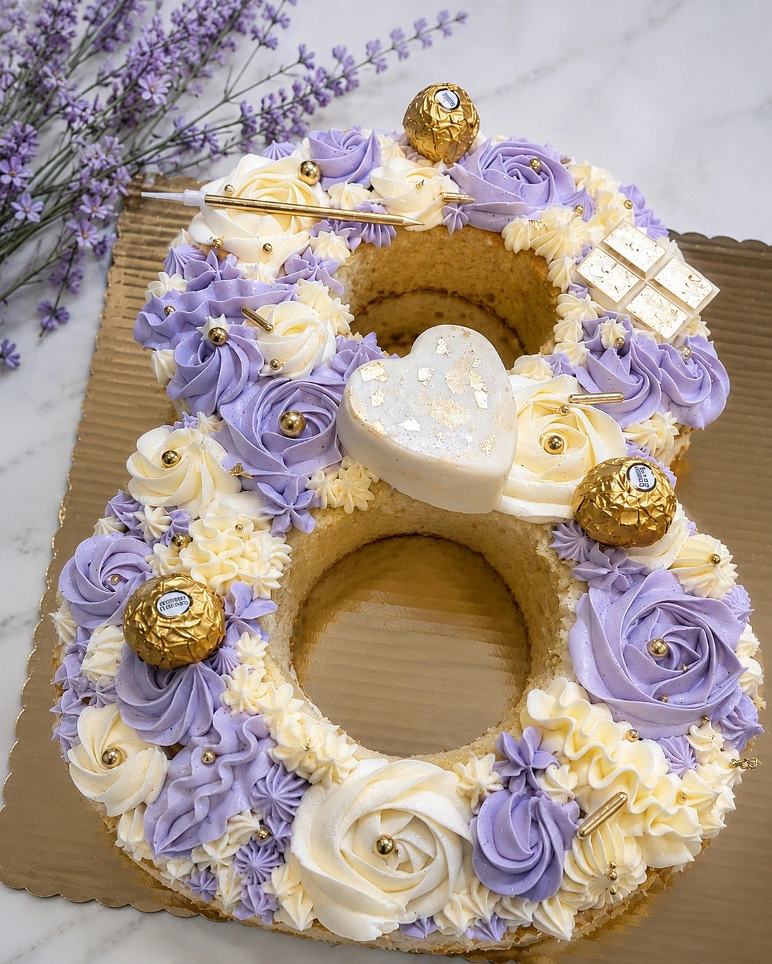 Number 8 cake decorated with purple and white roses and gold accents.