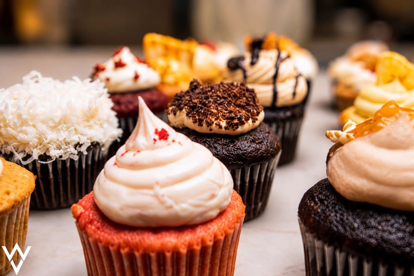 Assorted gourmet cupcakes with various frostings and toppings.