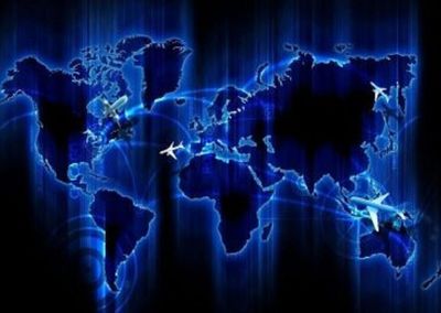 Digital world map with airplanes indicating global air travel routes.
