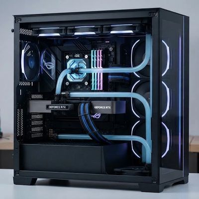 Custom gaming PC with liquid cooling and RGB lighting.