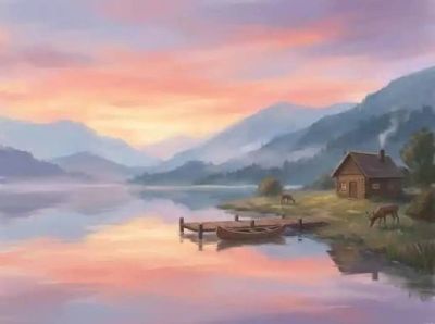 Peaceful lakeside cabin at sunset with deer and boat.