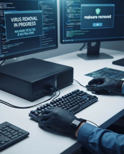 Person removing malware on computer with gloves.