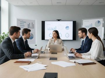 Business team discussing data charts in a meeting room.
