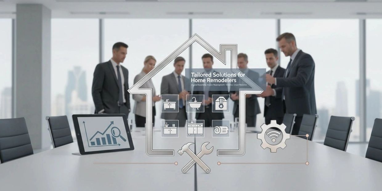 Business team discussing home remodeling solutions with digital icons and charts.