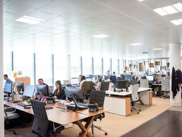 Modern open-plan office with employees working at desks and computers.