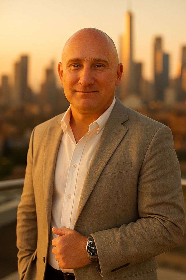 Confident bald man in a beige suit with a city skyline at sunset.