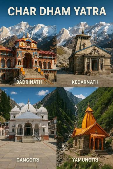 Four iconic temples of Char Dham Yatra in the Himalayas with scenic mountain backdrops.