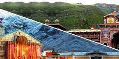 A scenic view of a temple complex with mountains in the background.