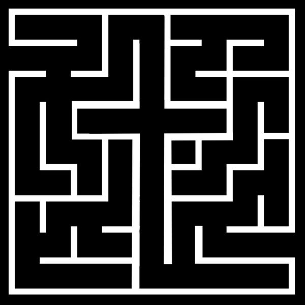 Square black and white maze with thick walls and a complex path.