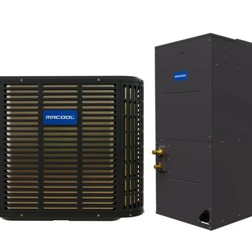 Two indoor and outdoor HVAC units by MRCOOL.