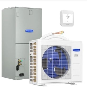 A white air conditioning system with a thermostat and gray unit.