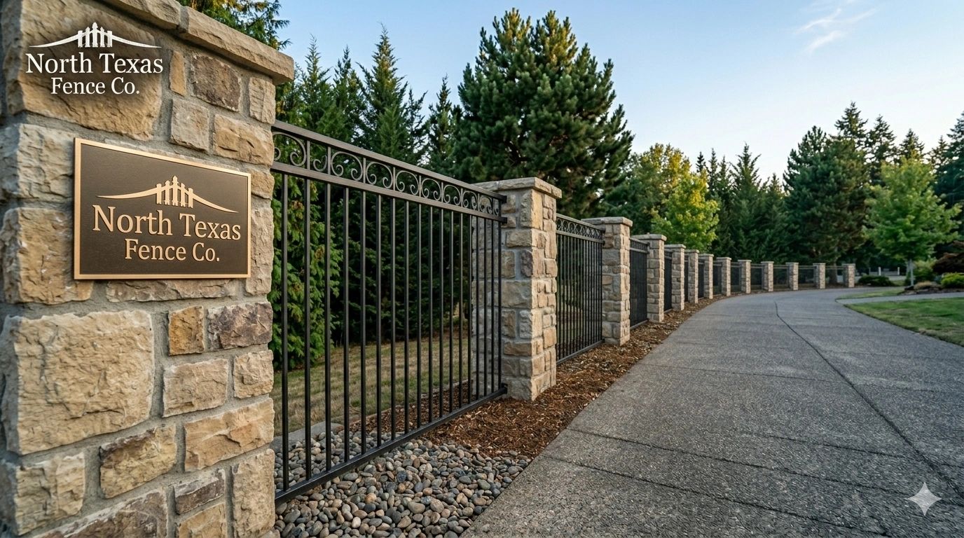 Stone pillars and iron fence line a curved driveway with trees in the background.