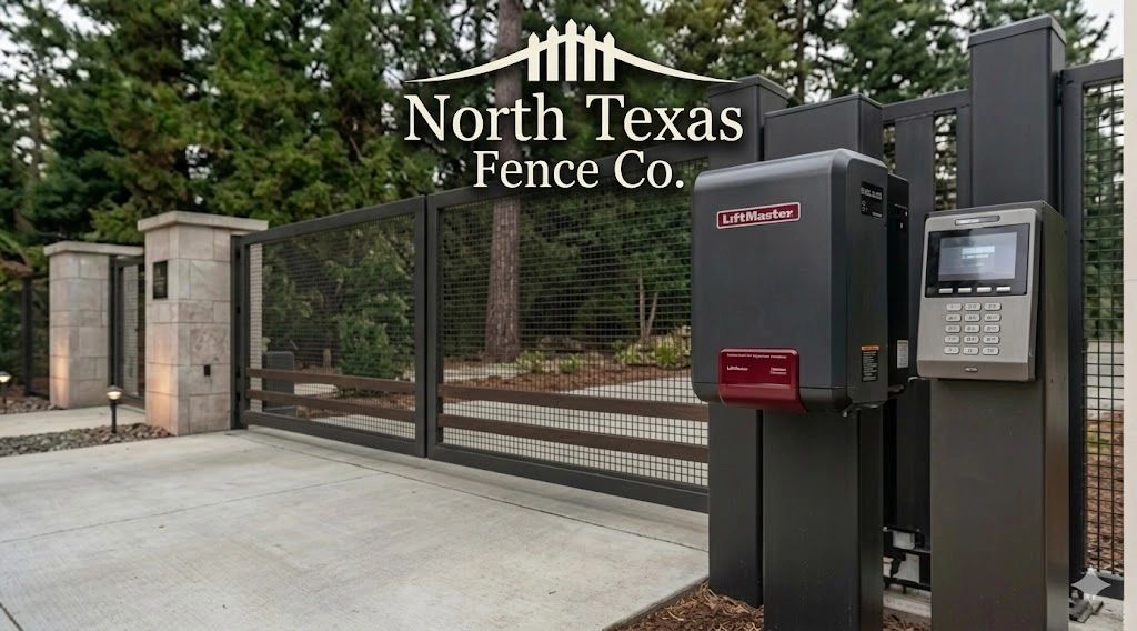 Modern automated driveway gate with keypad access by North Texas Fence Co.