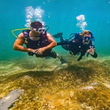 PADI instructor and a Discover SCUBA diver under the water. The instructor has control with contact.