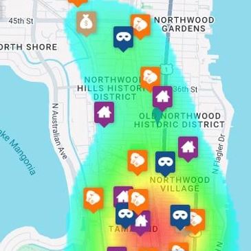 Heatmap of Northwood area with icons for houses, masks, money bags, and bees.