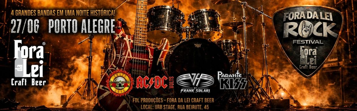 Rock festival poster with guitar and drums in fiery background.