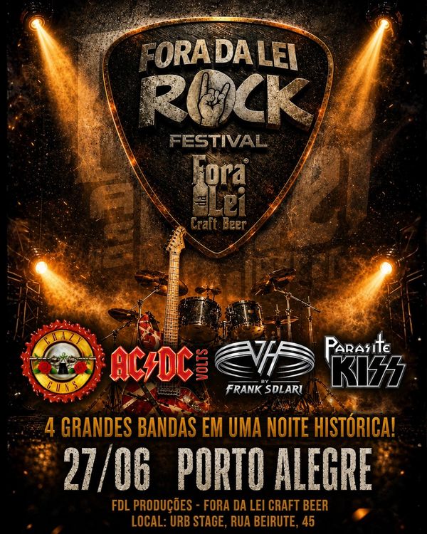 Poster for Fora da Lei Rock Festival featuring iconic rock bands.