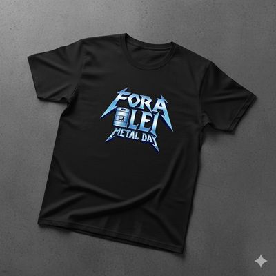 Black t-shirt with 'FORA LEI METAL DAY' in metallic blue text and a small milk carton graphic.