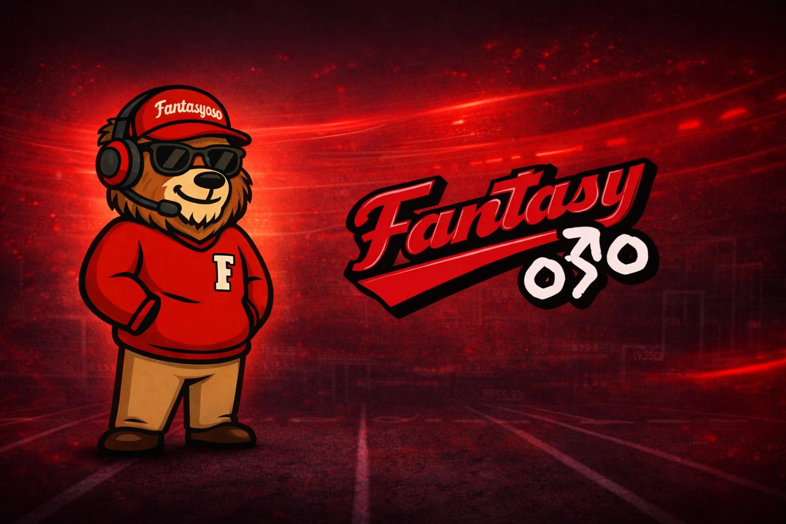 Cartoon bear in red headset and sweater with 'Fantasy' logo on a red background.