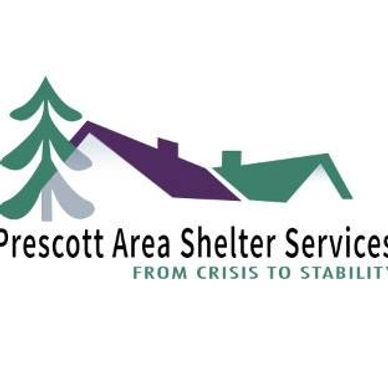 Logo of Prescott Area Shelter Services showing houses and a tree.