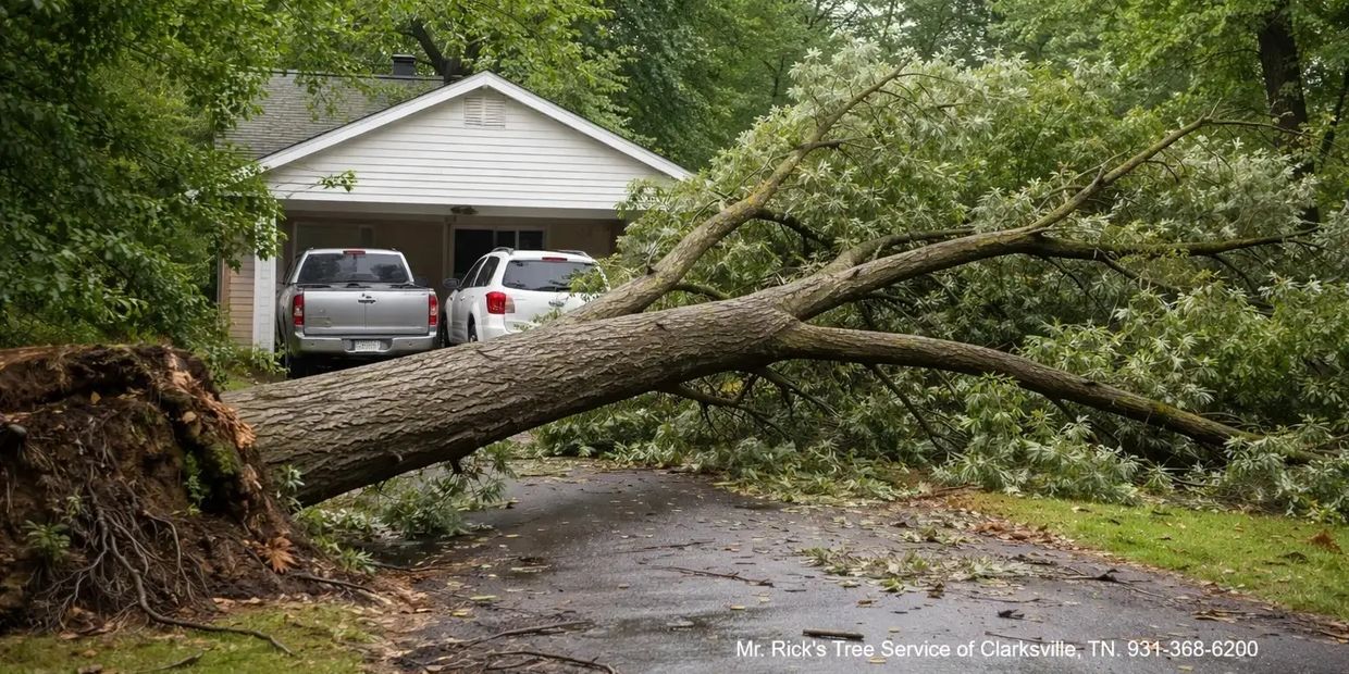 Emergency tree service removing a fallen tree from a Clarksville driveway
