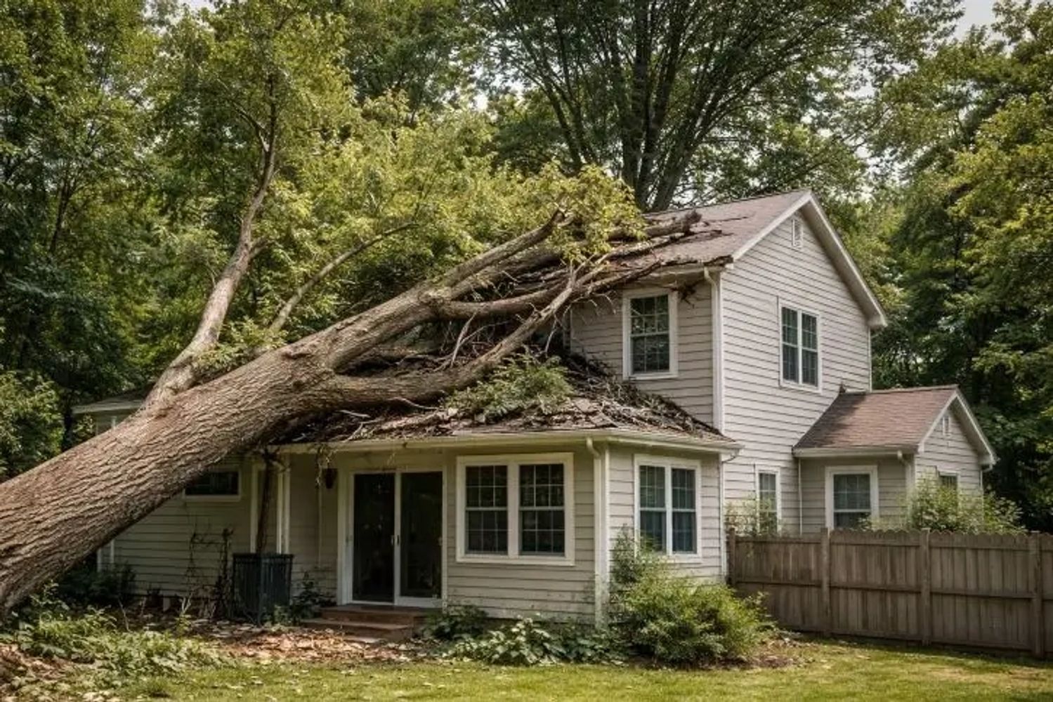 Professional tree service removing a storm-damaged tree from a home in Clarksville, TN.