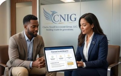 Two professionals discussing a financial growth budget on a tablet in an office.