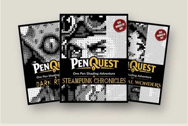 Three PenQuest shading books with artistic cover designs.