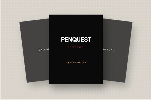 Three dark-colored books with "PENQUEST" on the central book.