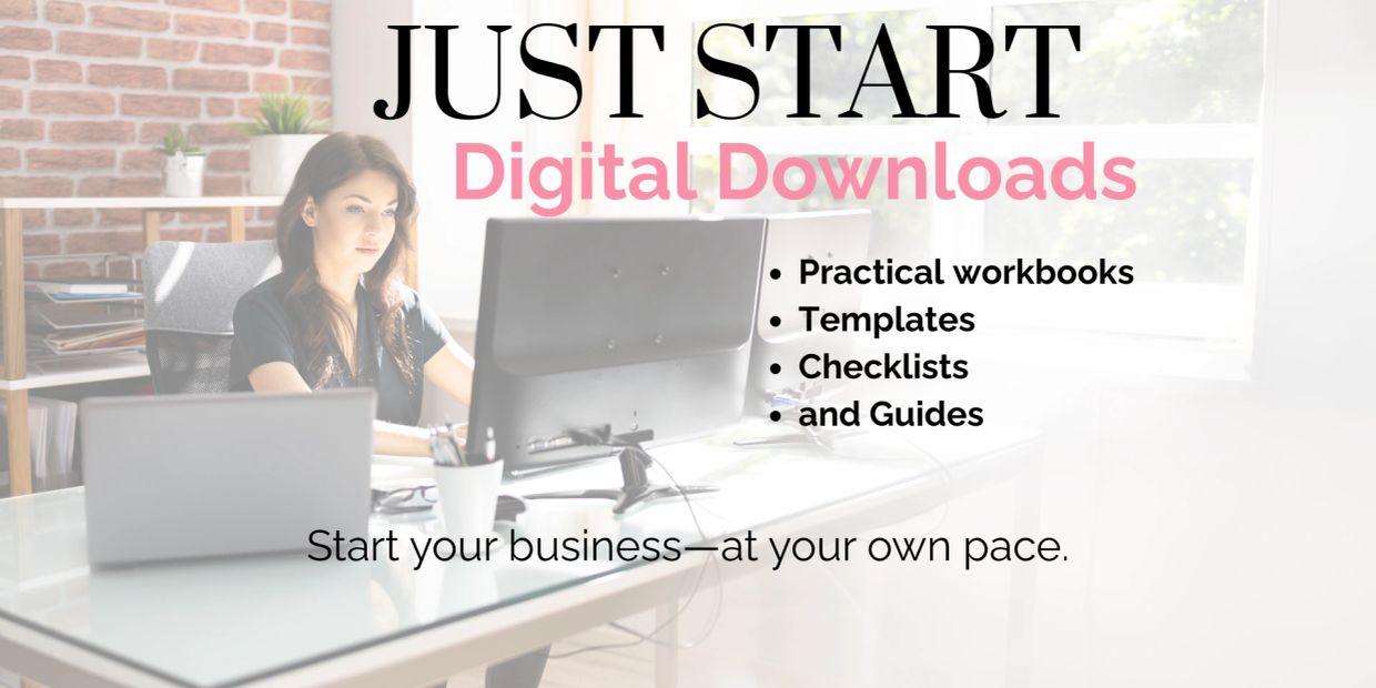 Woman working on digital downloads to start a business.
