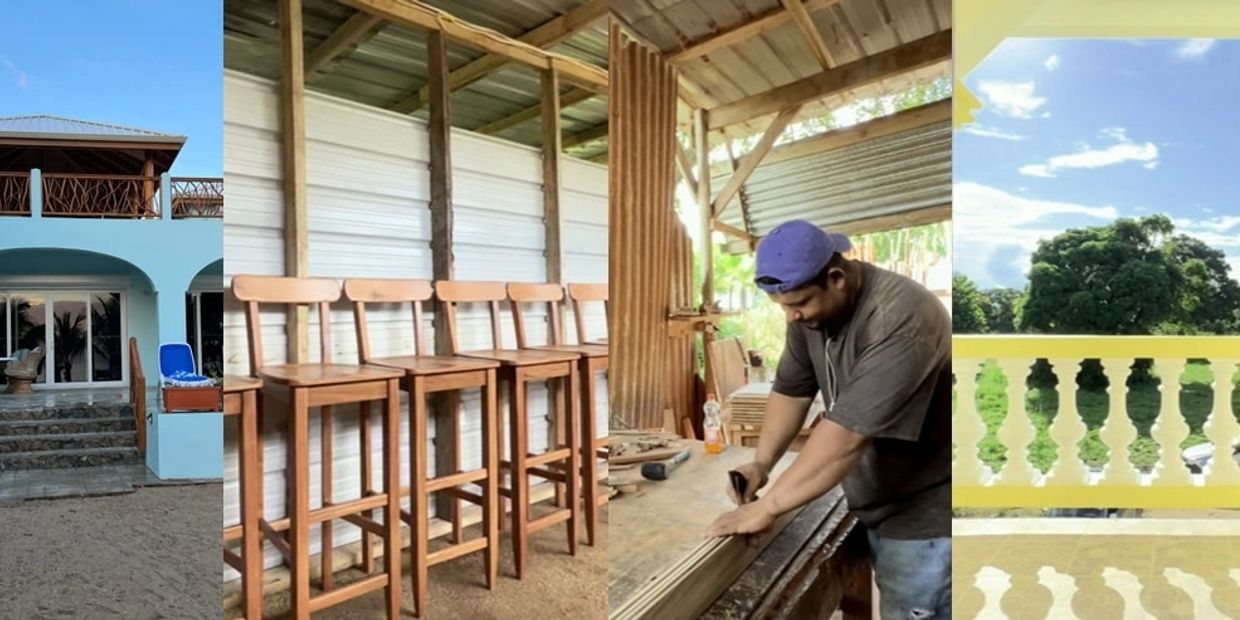 A beautiful blue beach house with wooden furniture and a scenic view.