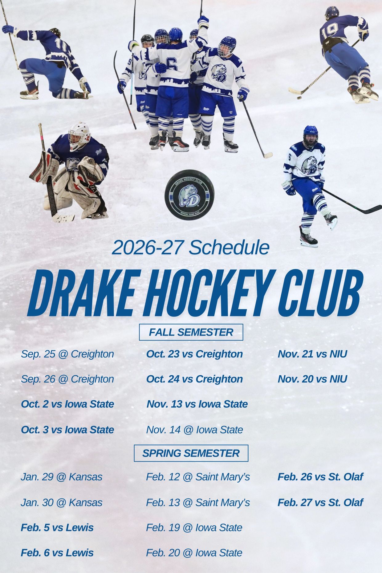 Drake Hockey Club 2026-27 schedule with team action images.