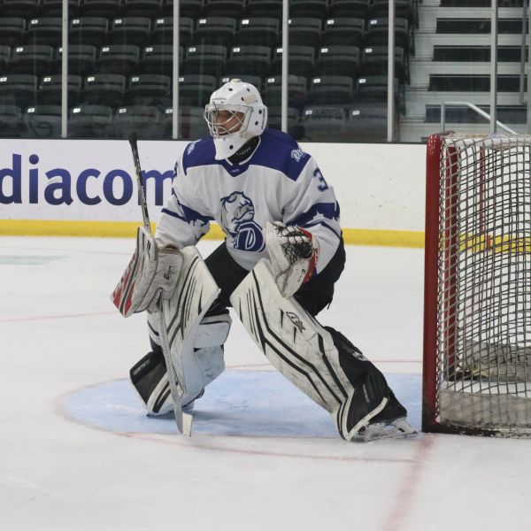 Hockey goalie poised in front of the net during a game.