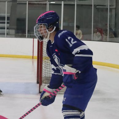 Hockey player in blue gear on ice rink.