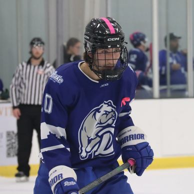 Ice hockey player in blue jersey on rink.