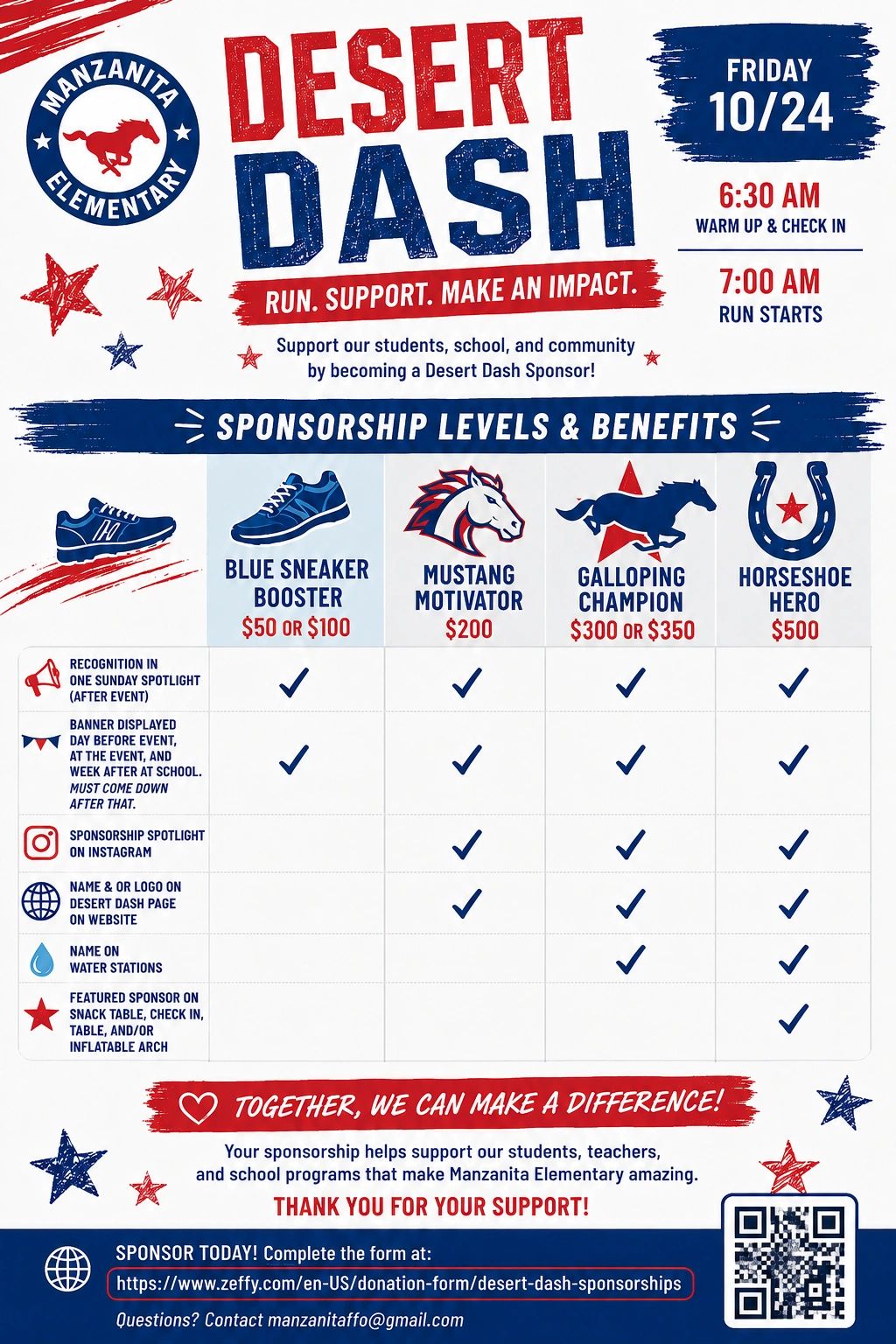 Desert Dash sponsorship levels and event details at Manzanita Elementary.