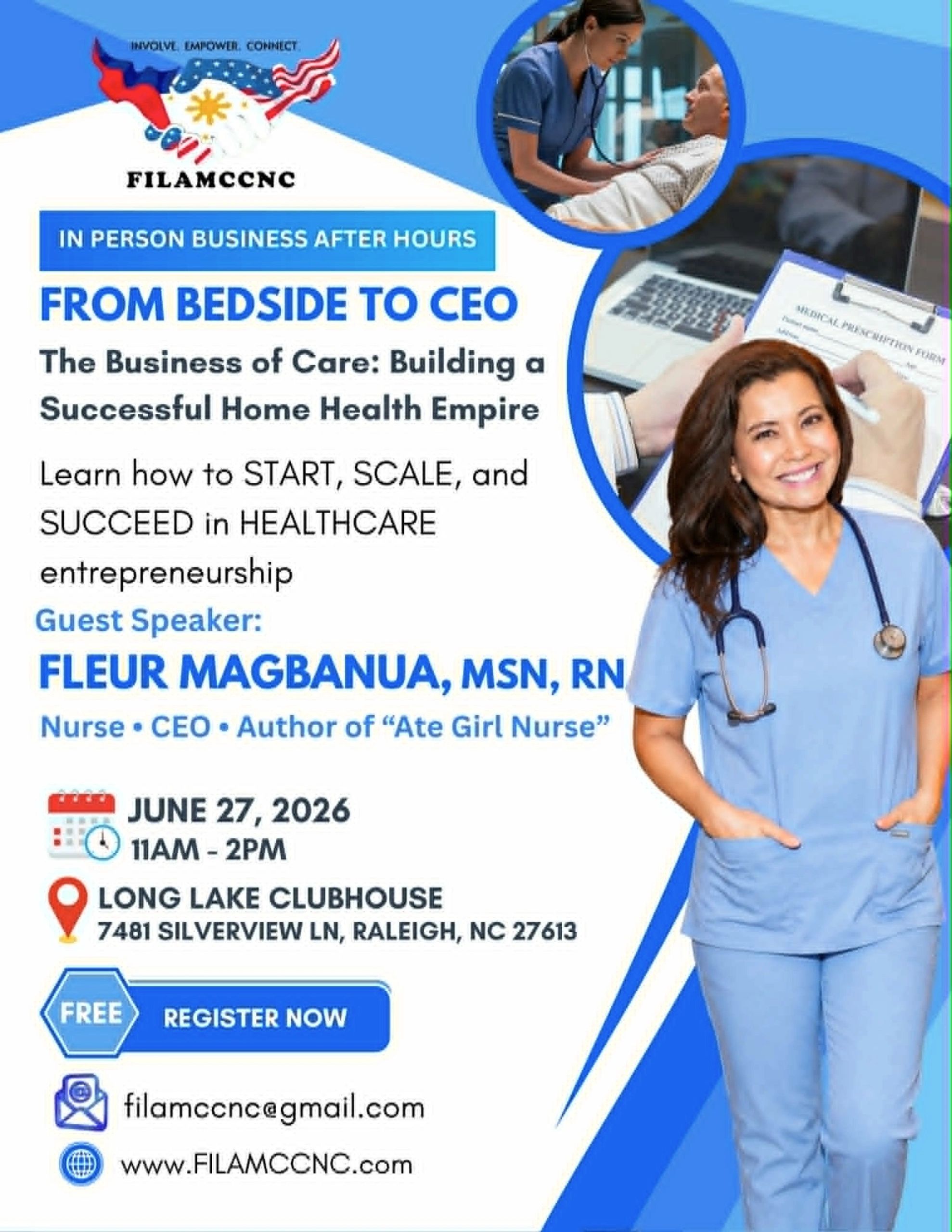 Healthcare entrepreneurship event featuring Fleur Magbanua, MSN, RN, on June 27, 2026, in Raleigh, NC.
