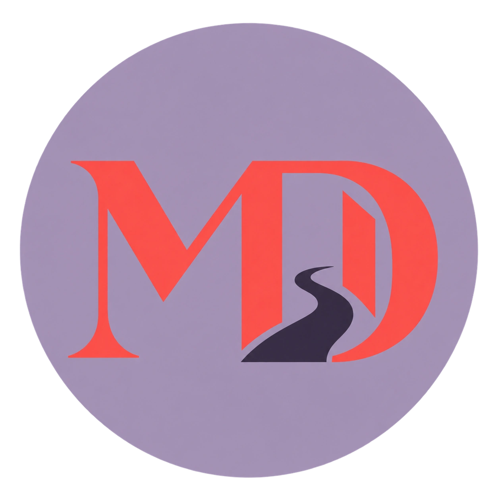 Logo with letters MD and a road leading through the letter D