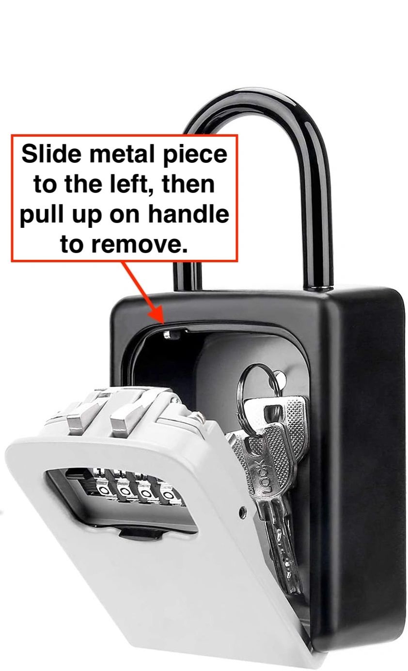 A photo of a lockbox showing how to slide the metal tab inside top left, then lift the exterior hand