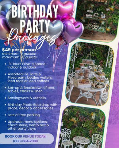 Afterglow Birthday Package. Hauoli La Hanau. Mac Nut Pies, Tarts & Bites.  AlohaMade Bites Hawaii