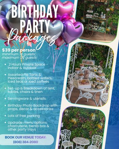 Sunset Glow Birthday Package. Hauoli La Hanau. Mac Nut Pies, Tarts & Bites.  AlohaMade Bites Hawaii