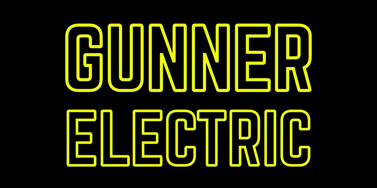 Bright yellow outlined text saying 'GUNNER ELECTRIC' on black background.