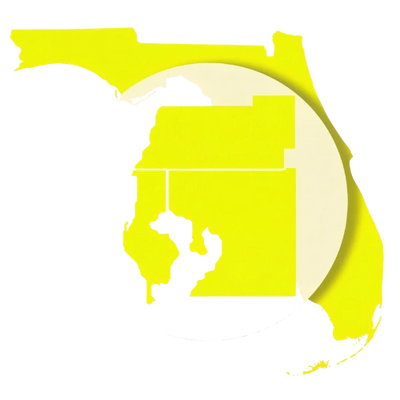 Yellow map of Florida with a highlighted central region.