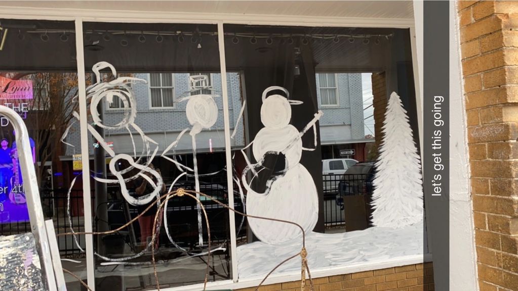 Snowman Band window painting for Whiskey Sowers, In Mebane NC