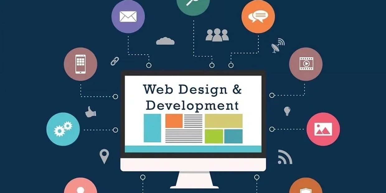 Illustration of web design and development with related icons around a computer screen.
