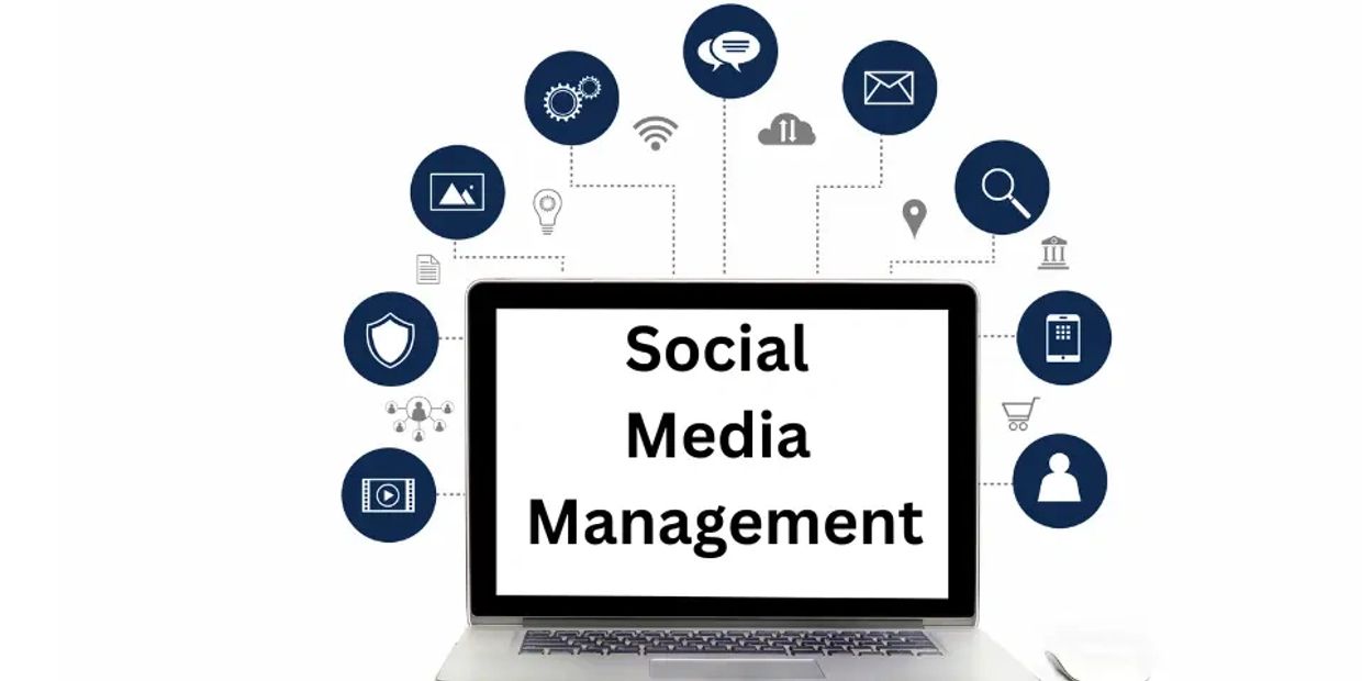 Laptop displaying 'Social Media Management' with related icons around it.